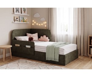 Modernes Polsterbett 120x200 mit RAUSFALLSCHUTZ, Taschen und Stauraum - OLIMPIA SM 02K