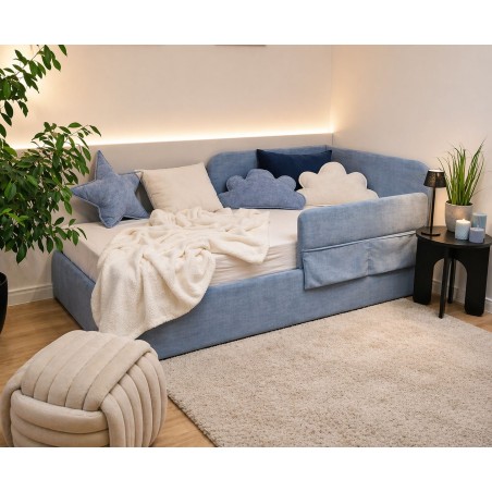 Kinderbett 90x200 RECHTS himmelblau mit RAUSFALLSCHUTZ , Taschen und Bettkasten - OLIMPIA SM 02K