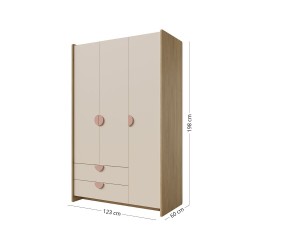 Drehtürenschrank für das Kinderzimmer mit 2 Schubladen und rosa Griffen  - NIRA 01