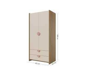 Zweitüriger Kleiderschrank 83 cm breit mit 2 Schubladen und Griffen in Puderrosa - NIRA 02
