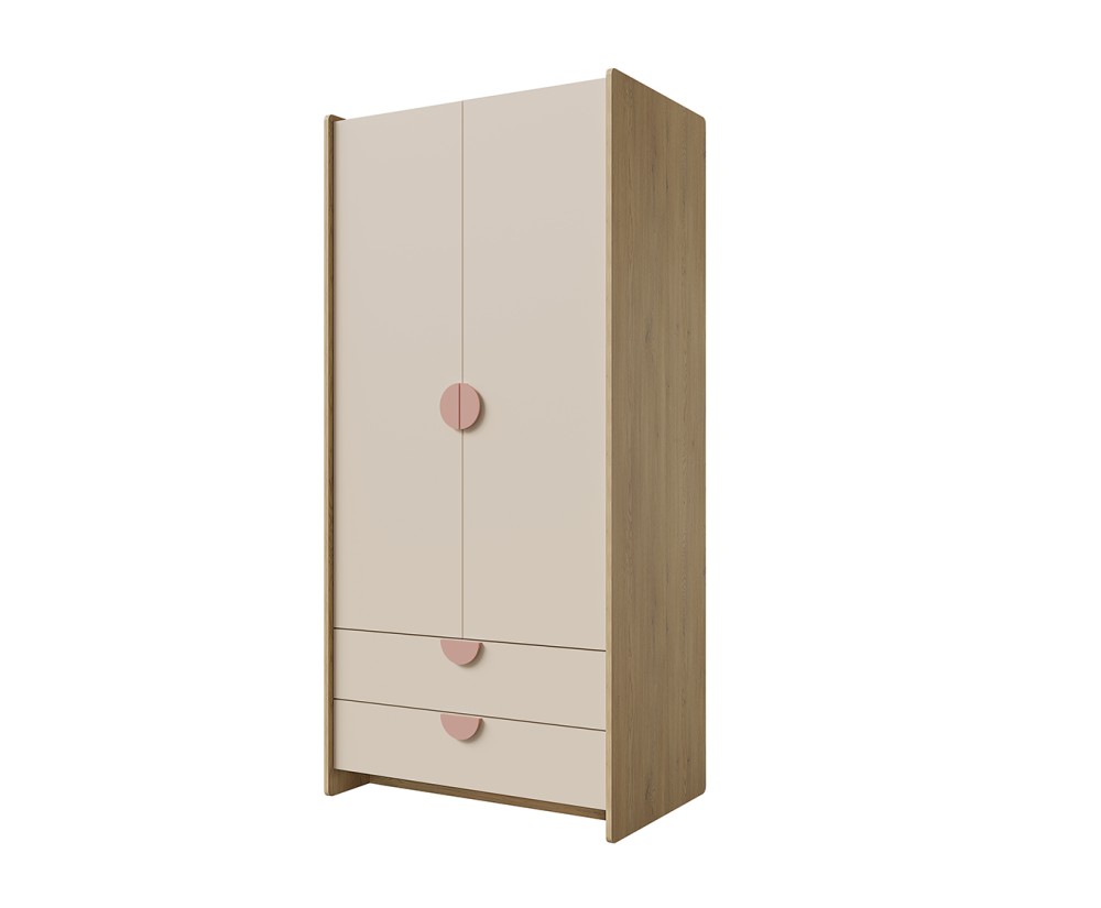 Zweitüriger Kleiderschrank 83 cm breit mit 2 Schubladen und Griffen in Puderrosa - NIRA 02