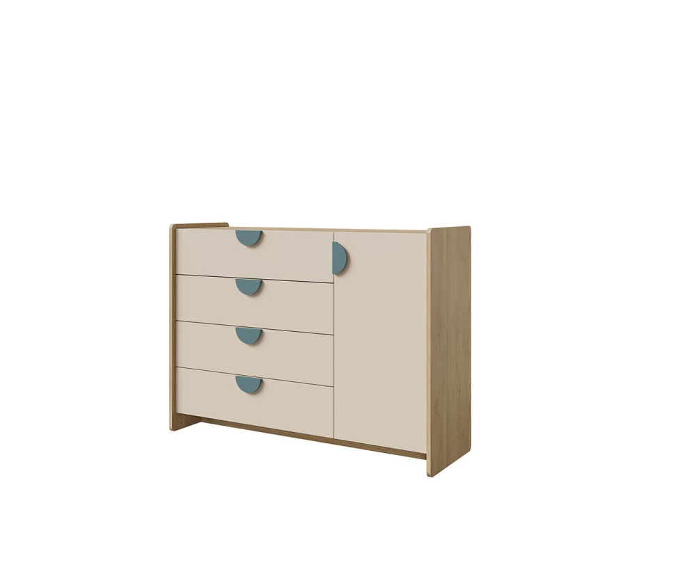 Kommode mit vier Schubladen und einem Schrank, Griffe in Meeresblau, NIRA 09