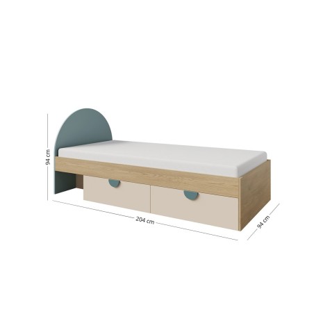 Einzelbett 90x200 cm universal mit ovalem Kopfteil und zwei Schubladen, NIRA 13 L/R