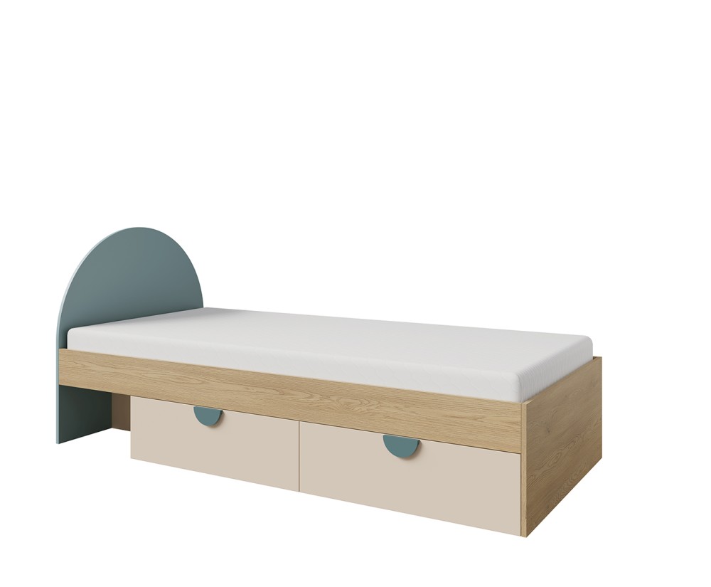 Einzelbett 90x200 cm universal mit ovalem Kopfteil und zwei Schubladen, NIRA 13 L/R