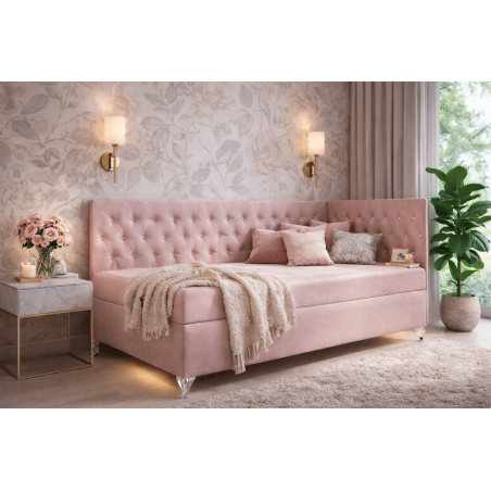 Stilvolles Eckbett 100x200 cm für Mädchen, Einzelbett Glamour mit Ziersteppung - Kristalle, JULIA 2M