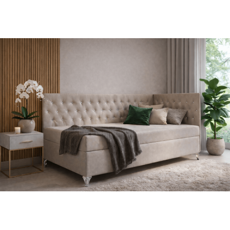 Eckbett 120x200 cm im Glamour-Stil mit Kristallen, Bettkasten und Matratze, JULIA 2M