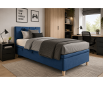 Einzelbett 100x200 cm für Kinderzimmer mit Bettkasten, Kopfteil und Holzfüßen, INTARO A8