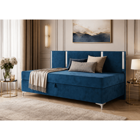 Einzelbett 90x200 cm silbernen Dekorleisten, Bettkasten und Metallfüßen, Polsterbett MEDIOLAN 3M