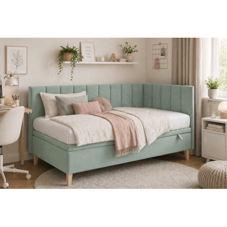 Jugendbett 90x200 cm mit Stauraum und Holzfüßen, Polsterbett INTARO A9