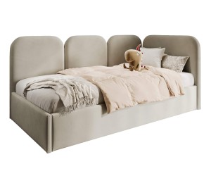 Eckbett 100x200 cm RECHTS mit weichen Seitenteilen und Bettkasten, Velvetstoff Riviera 21 seidengrau,  MARGO SM 02