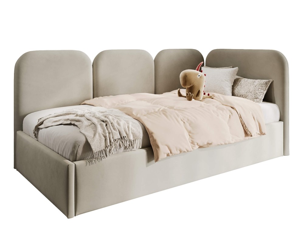 Eckbett 100x200 cm RECHTS mit weichen Seitenteilen und Bettkasten, Velvetstoff Riviera 21 seidengrau,  MARGO SM 02