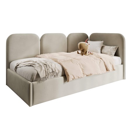 Eckbett 100x200 cm RECHTS mit weichen Seitenteilen und Bettkasten, Velvetstoff Riviera 21 seidengrau,  MARGO SM 02
