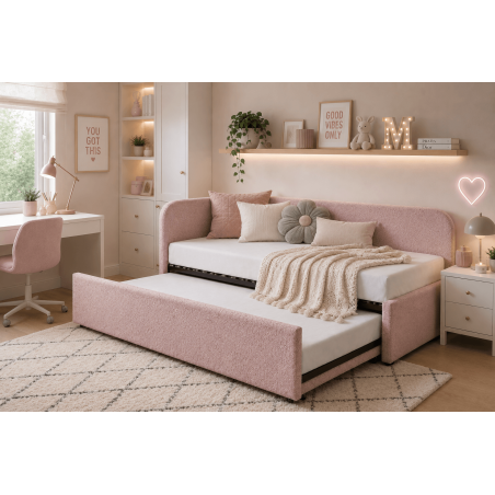Kinderbett 100x200 mit 2 Liegeflächen und geräumigem Stauraum, funktionales Ausziehbett 2in1 in Bouclé ALVIN 04 MN