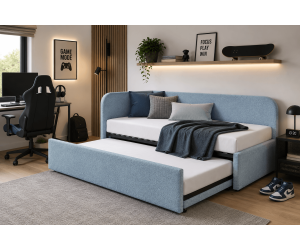 Jugendbett 90x200 mit zwei Schlafplätzen und geräumiger Schublade, funktionales Ausziehbett in Bouclé ALVIN 04 MN