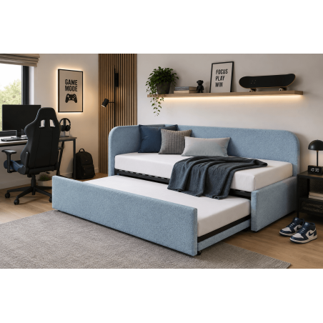 Jugendbett 90x200 mit zwei Schlafplätzen und geräumiger Schublade, funktionales Ausziehbett in Bouclé ALVIN 04 MN