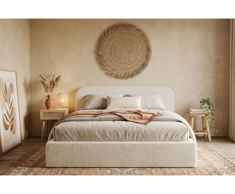 Polsterbett 160x200 cm für Schlafzimmer mit Bettkasten und Lattenrost, niedriges Kopfteil auf Wunsch, Bouclé-Stoff, IMPERIA S17