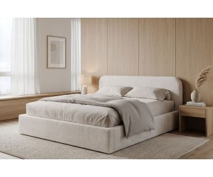 Polsterbett 180x200 cm für Dachschräge, Ehebett mit Bettkasten, Lattenrost mit Metallrahmen, Bouclé-Stoff, IMPERIA S17