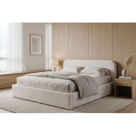 Polsterbett 180x200 cm für Dachschräge, Ehebett mit Bettkasten, Lattenrost mit Metallrahmen, Bouclé-Stoff, IMPERIA S17