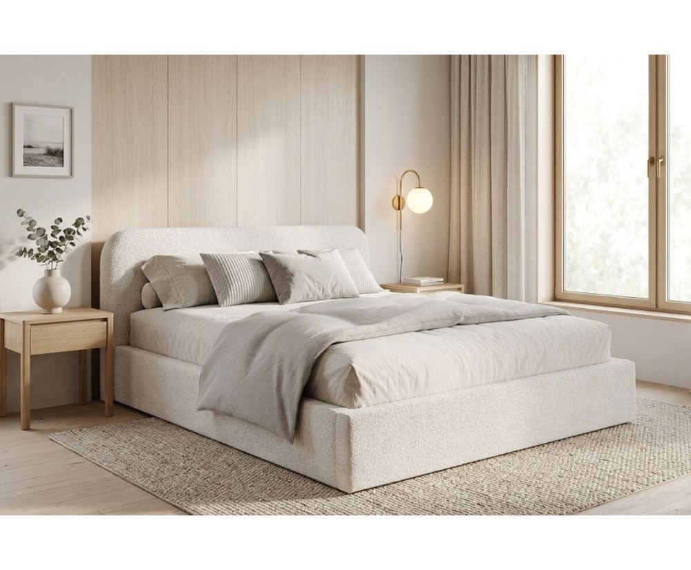Polsterbett 200x200 cm für Schlafzimmer mit Bettkasten und Lattenrost, niedriges Kopfteil auf Wunsch, Bouclé-Stoff, IMPERIA S17