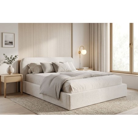 Polsterbett 200x200 cm für Schlafzimmer mit Bettkasten und Lattenrost, niedriges Kopfteil auf Wunsch, Bouclé-Stoff, IMPERIA S17