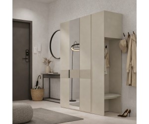 Moderner Garderobenschrank viertürig 180 cm breit mit Spiegel, ideal für Flur oder Schlafzimmer, Macadamia, ALTIS