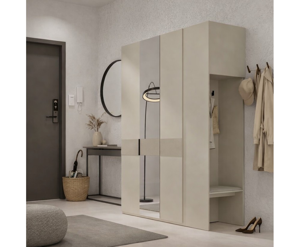 Moderner Garderobenschrank viertürig 180 cm breit mit Spiegel, ideal für Flur oder Schlafzimmer, Macadamia, ALTIS