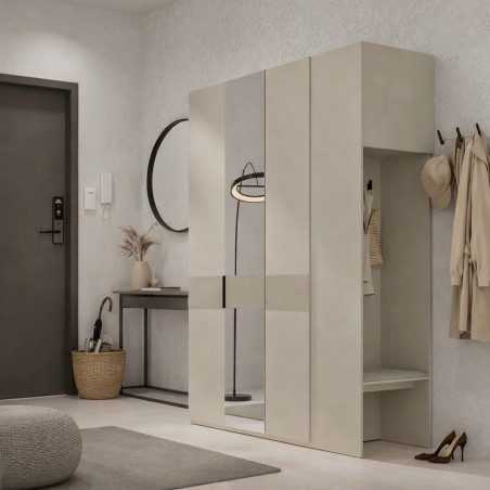 Moderner Garderobenschrank viertürig 180 cm breit mit Spiegel, ideal für Flur oder Schlafzimmer, Macadamia, ALTIS