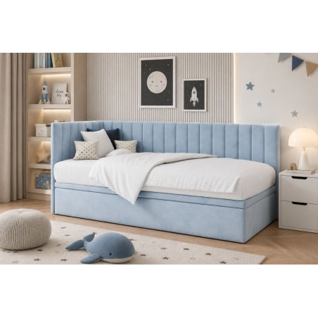 Kompaktes Kinderbett 80x180 cm in Eckform mit Bettkasten ohne Matratze, Polsterbett INTARO A44