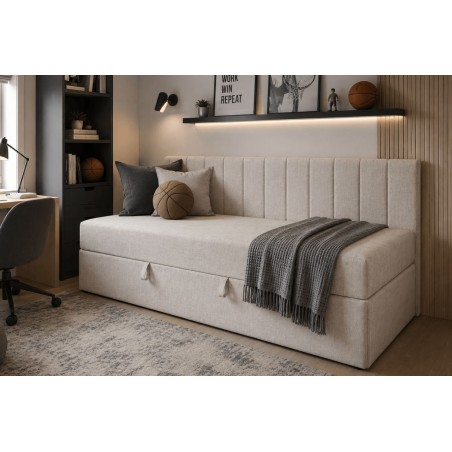 Polsterbett 80x180 cm für Kinderzimmer, Einzelbett mit Bettkasten, Rückenlehne und Matratze, INTARO 35M