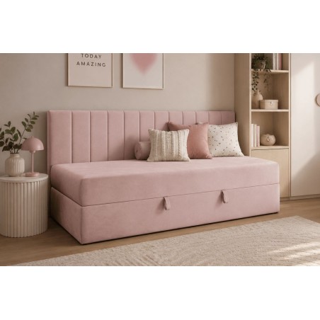 Polsterbett 100x200 cm, Einzelbett, Singlebett mit Bettkasten, Seitenblende und Matratze, INTARO 35M