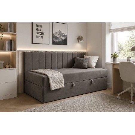 Jugendbett 120x200 cm mit Bettkasten, Seitenblende und Matratze, Polsterbett INTARO 35M