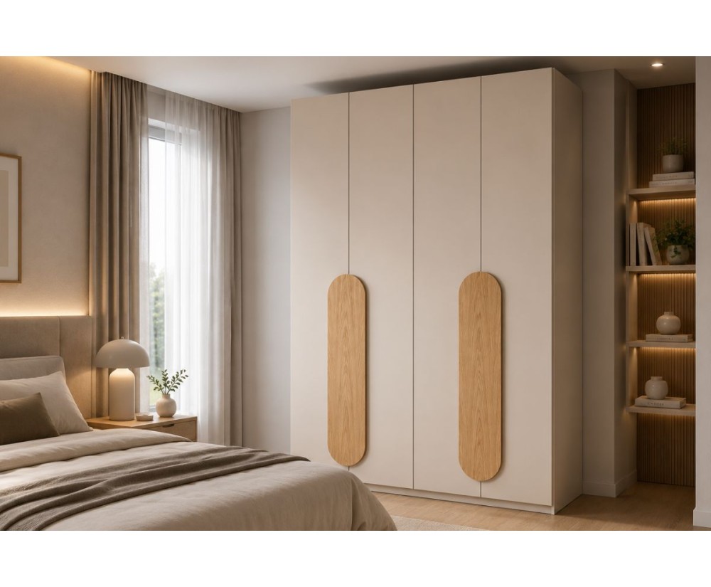 Moderner Kleiderschrank 170 cm breit mit Falttüren und Griffen aus Möbelplatte, Schrank in Kaschmir / Bookmatch-Dekor BELIO