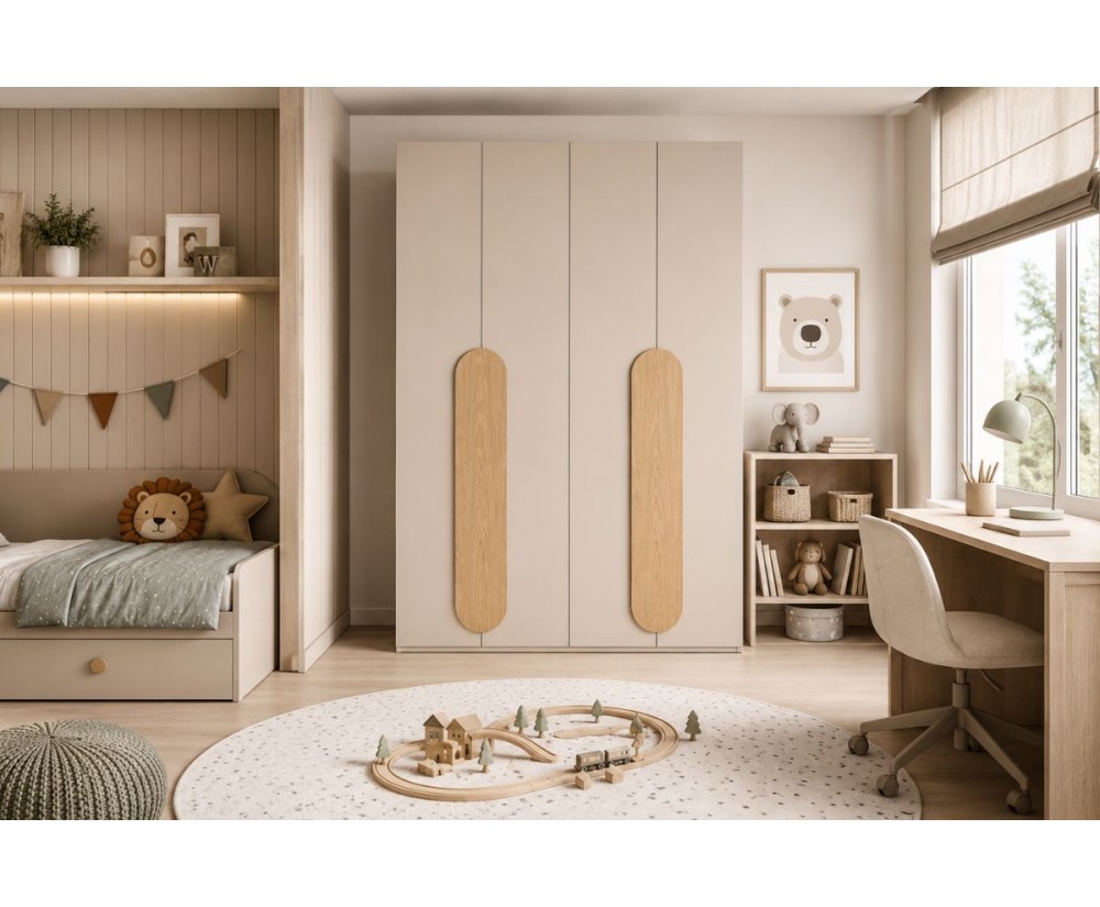 Design-Kleiderschrank 200 cm breit mit Falttüren und ovalen Griffen aus Möbelplatte, Schrank in Kaschmir / Bookmatch-Dekor BELIO