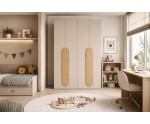 Design-Kleiderschrank 200 cm breit mit Falttüren und ovalen Griffen aus Möbelplatte, Schrank in Kaschmir / Bookmatch-Dekor BELIO