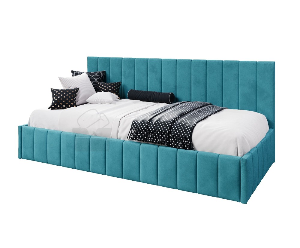 Einzelbett 90x200 cm ideal für Dachschräge - mit niedriger Rückenlehne, Bettkasten, ohne Matratze, Polsterbett NATAN SM 02