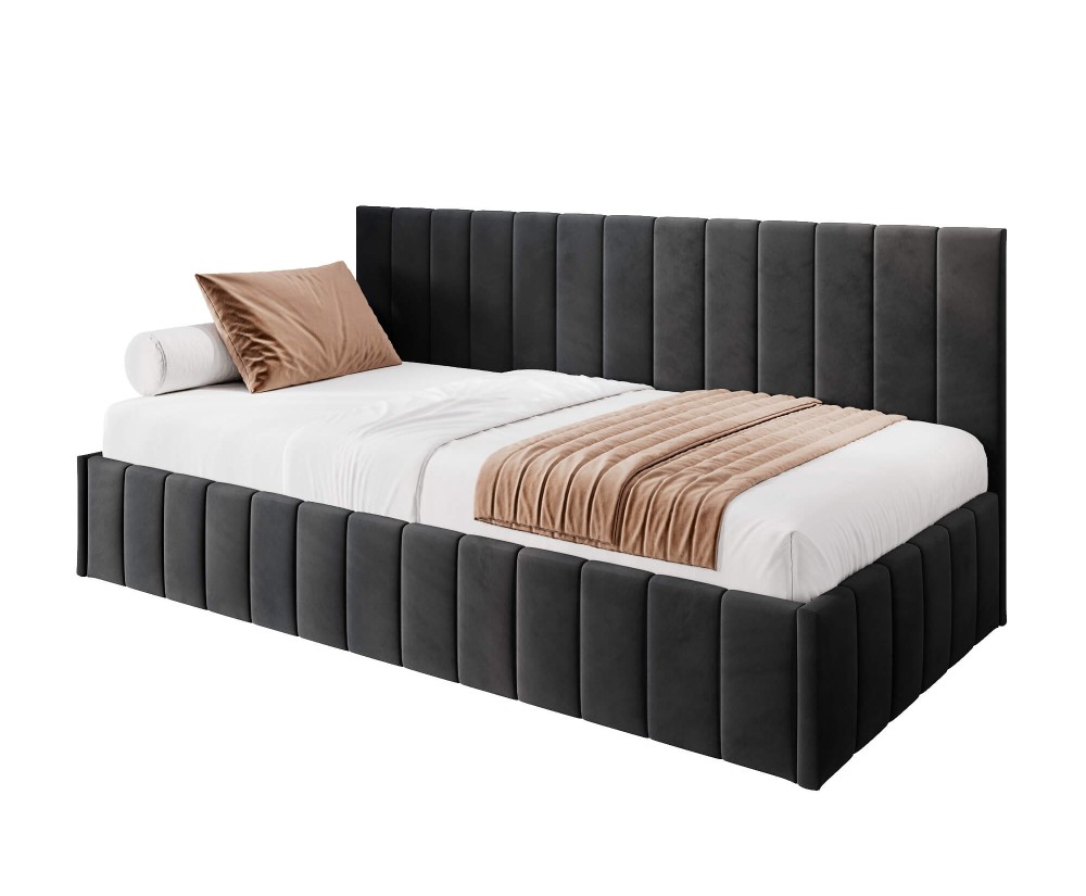 Modernes Polsterbett 80x180 cm für Kinderzimmer mit Bettkasten und Wandschutz, ohne Matratze, Polsterbett NATAN SM 02
