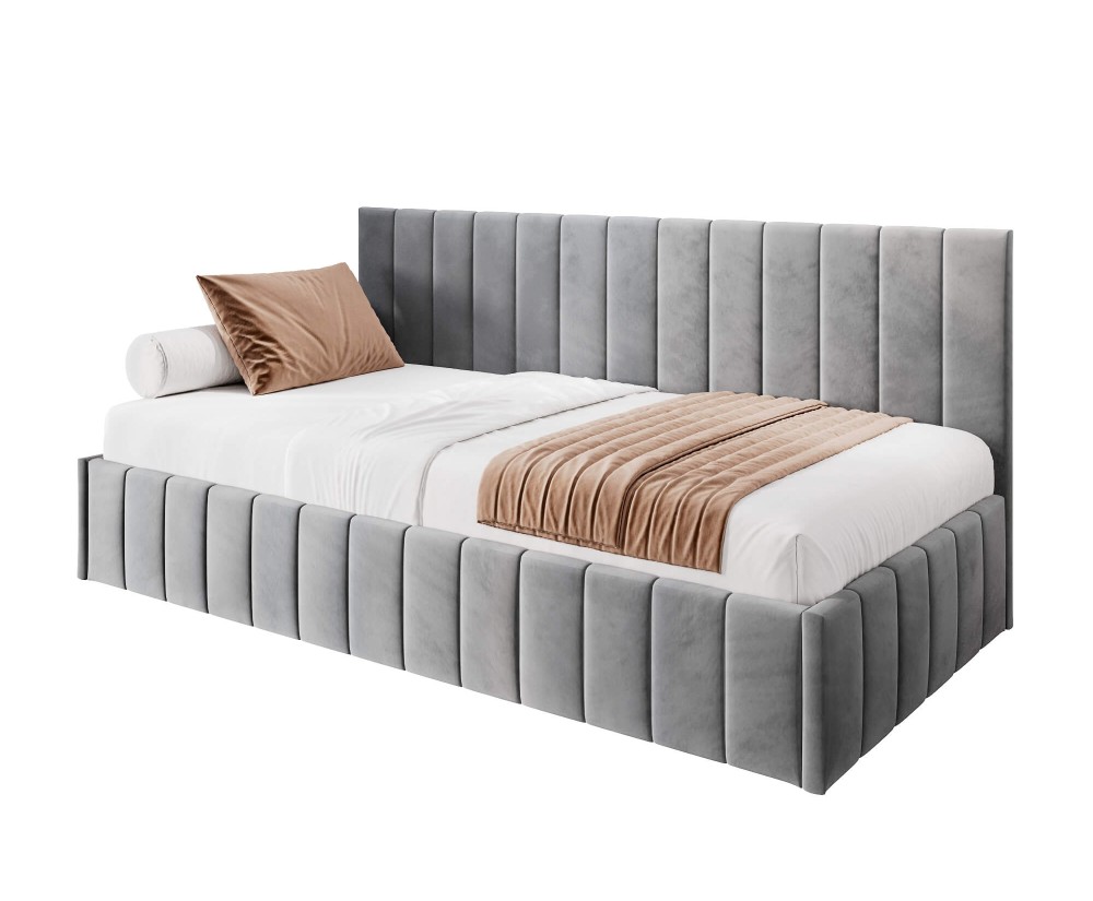 Modernes Polsterbett 80x180 cm für Kinderzimmer mit Bettkasten und Wandschutz, ohne Matratze, Polsterbett NATAN SM 02