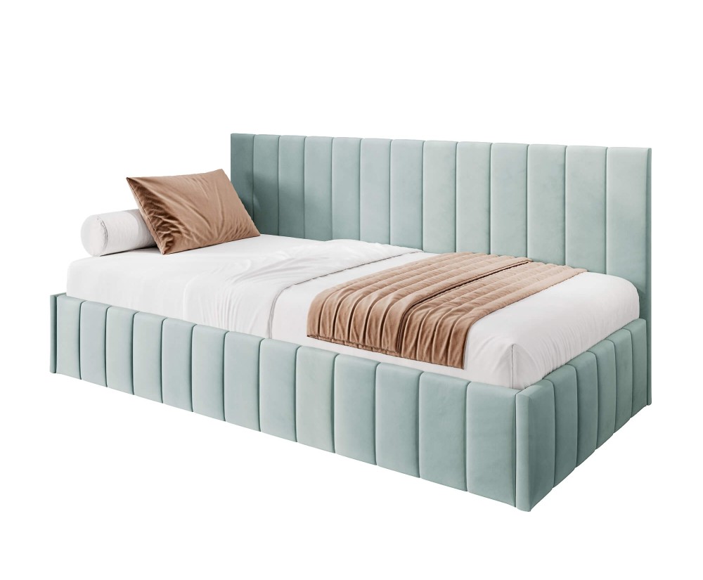 Modernes Polsterbett 80x180 cm für Kinderzimmer mit Bettkasten und Wandschutz, ohne Matratze, Polsterbett NATAN SM 02