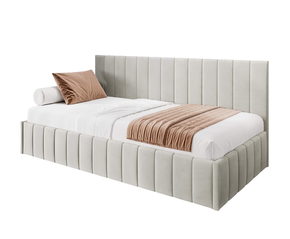 Modernes Polsterbett 80x180 cm für Kinderzimmer mit Bettkasten und Wandschutz, ohne Matratze, Polsterbett NATAN SM 02