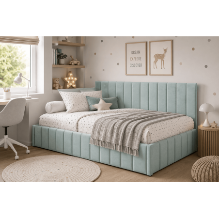 Modernes Polsterbett 80x180 cm für Kinderzimmer mit Bettkasten und Wandschutz, ohne Matratze, Polsterbett NATAN SM 02