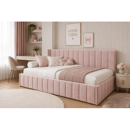 Einzelbett 90x200 cm ideal für Dachschräge - mit niedriger Rückenlehne, Bettkasten, ohne Matratze, Polsterbett NATAN SM 02