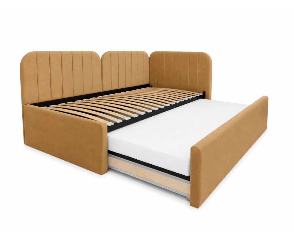 Polsterbett 100x200 mit zwei Schlafplätzen und Stauraum, funktionales Ausziehbett 2in1 ALVIN 03 MN