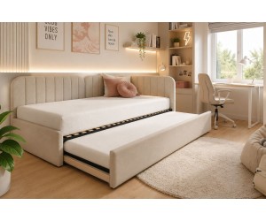 Polsterbett 100x200 mit zwei Schlafplätzen und Stauraum, funktionales Ausziehbett 2in1 ALVIN 03 MN