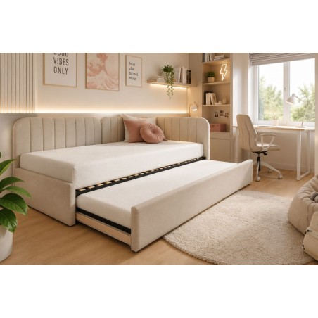 Polsterbett 100x200 mit zwei Schlafplätzen und Stauraum, funktionales Ausziehbett 2in1 ALVIN 03 MN