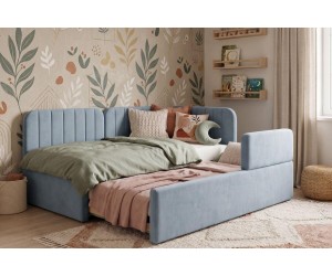 Polsterbett 90x200 mit 2 Schlafplätzen, RAUSFALLSCHUTZ und geräumigem Stauraum in Schubladenform, Ausziehbett 2in1 ALVIN 03 MNB