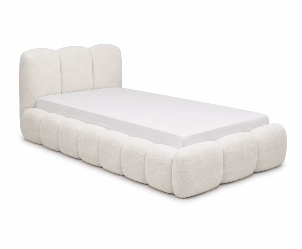 Polsterbett 100x200 cm mit dickem Kopfteil und Stauraum, Lattenrost mit Metallrahmen, Bubble Bett SOFTY