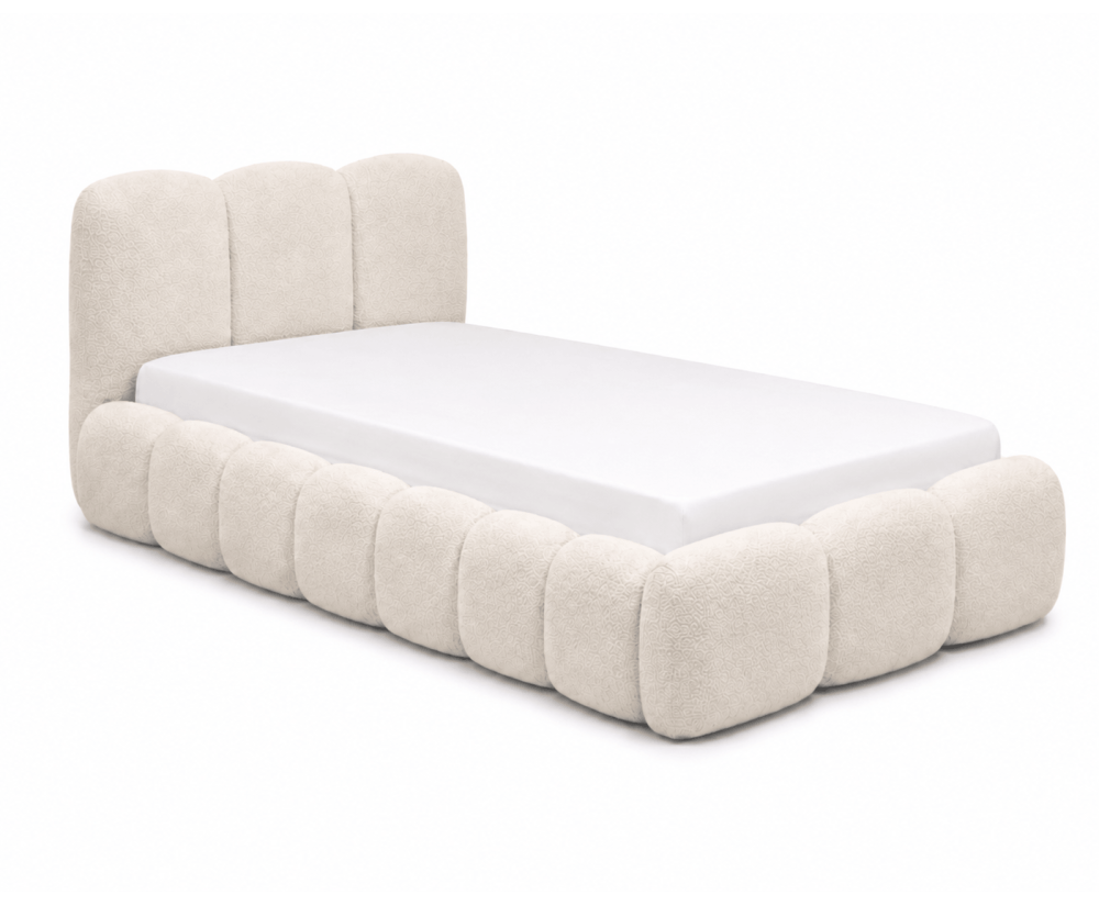 Polsterbett 100x200 cm mit dickem Kopfteil und Stauraum, Lattenrost mit Metallrahmen, Bubble Bett SOFTY