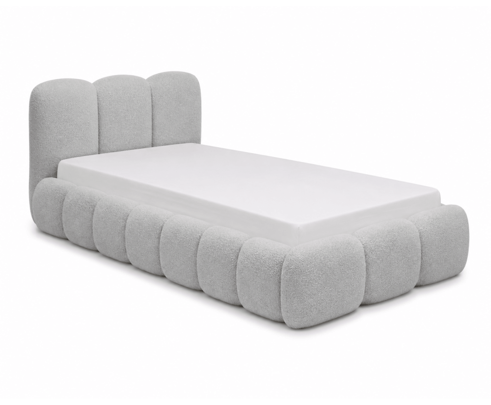 Polsterbett 100x200 cm mit dickem Kopfteil und Stauraum, Lattenrost mit Metallrahmen, Bubble Bett SOFTY