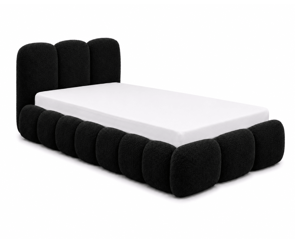 Polsterbett 100x200 cm mit dickem Kopfteil und Stauraum, Lattenrost mit Metallrahmen, Bubble Bett SOFTY