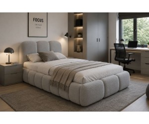 Polsterbett 100x200 cm mit dickem Kopfteil und Stauraum, Lattenrost mit Metallrahmen, Bubble Bett SOFTY